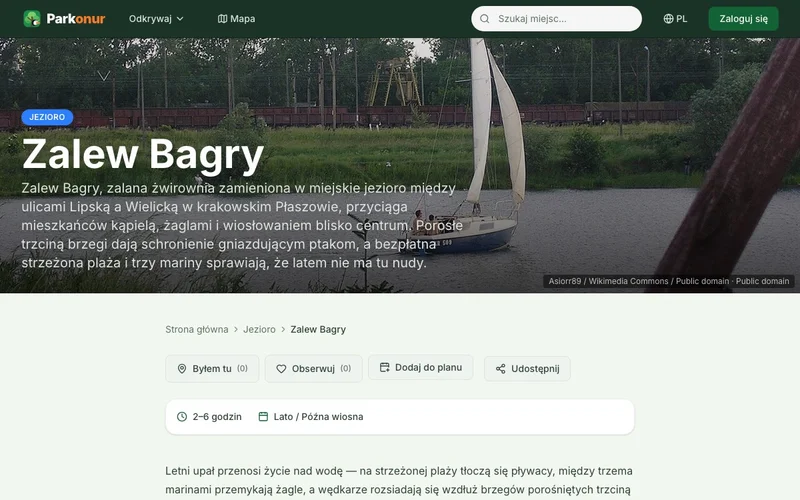 Rzeczywista karta miejsca Zalew Bagry w Parkonurze